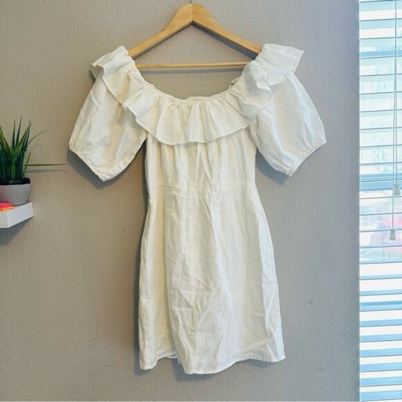 H&M Ivory Linen Off-Shoulder Mini Dress Size Small | Romantic - Picture 4 of 13